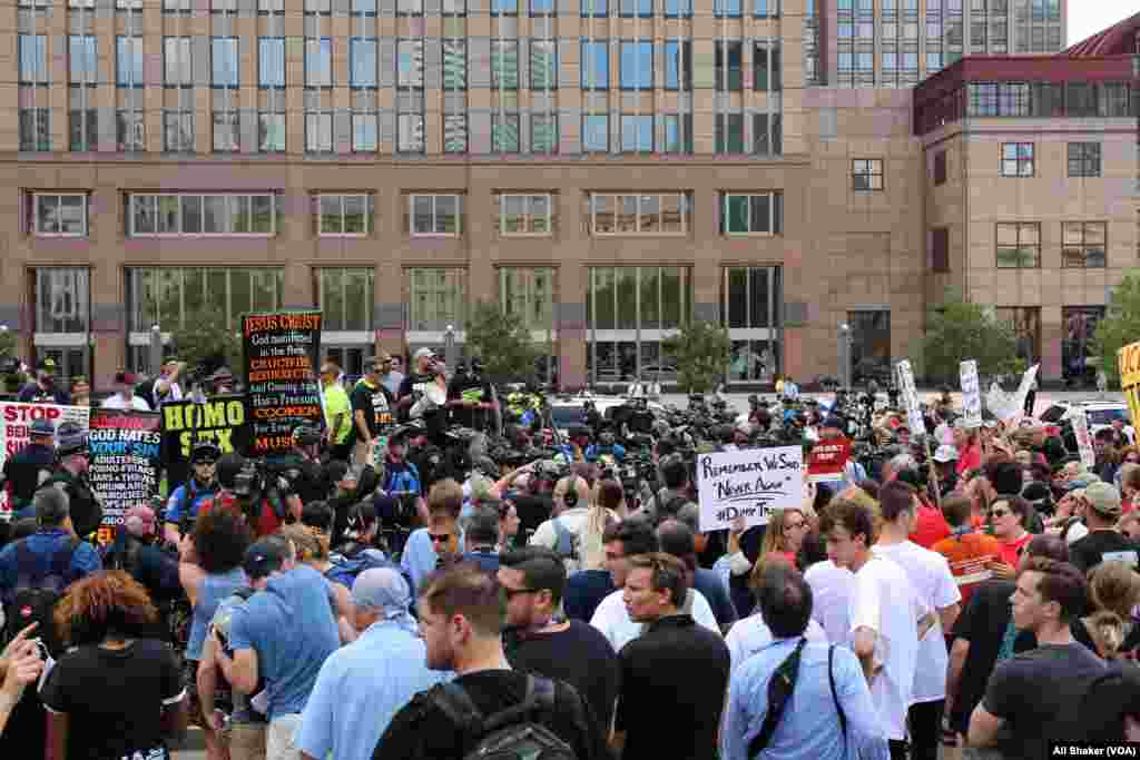 Protesters gather in the Public Square in downtown Cleveland, where the Republican National Convention is being held, July 18, 2016. Presumptive presidential nominee Donald Trump will give a speech Thursday, the final night of the convention.