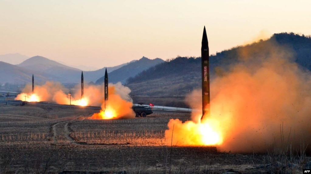 Undated photo released by North Korea's Korean Central News Agency (KCNA) via KNS on March 7, 2017 shows the launch of four ballistic missiles by the Korean People's Army (KPA) during a military drill at an undisclosed location in North Korea.