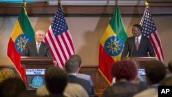 US Secretary of State Rex Tillerson, left, addresses the media after his meeting with Ethiopian Foreign Minister Dr. Workneh Gebeyehu at a joint press conference in Addis Ababa, Ethiopia, March 8, 2018.