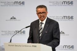 Director-General of the World Health Organization Tedros Adhanom Ghebreyesus speaks at the annual Munich Security Conference in Germany, Feb. 15, 2020.