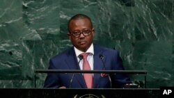 File - In this Sept. 21, 2017 photo Umaro Sissoco Embalo, then Prime minister of Guinea-Bissau, addresses the United Nations General Assembly at the United Nations headquarters.