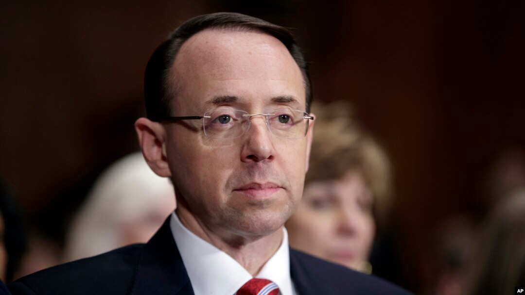 FILE - Then-Deputy Attorney General-designate Rod Rosenstein, appears on Capitol Hill in Washington, during his confirmation hearing before the Senate Judiciary Committee, March 7, 2017. 