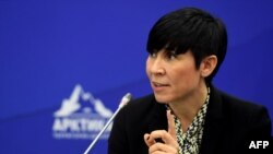 FILE - Norway's Foreign Minister Ine Marie Eriksen Soreide speaks at the International Arctic Forum in St. Petersburg, April 9, 2019.