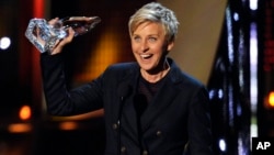 Ellen DeGeneres accepts the award for favorite daytime TV host at the 40th annual People's Choice Awards at the Nokia Theatre L.A. Live, Jan. 8, 2014, in Los Angeles. 