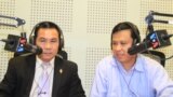 Um Sam An, a lawmaker from the opposition CNRP Party​ (left) and VOA Khmer radio host Sok Khemara in Phnom Penh studio, as Sean Pengse, President of French-based Cambodia's Border Committee (not pictured) joins 'Hello VOA' via phone. (Lim Sothy/VOA Khmer) 