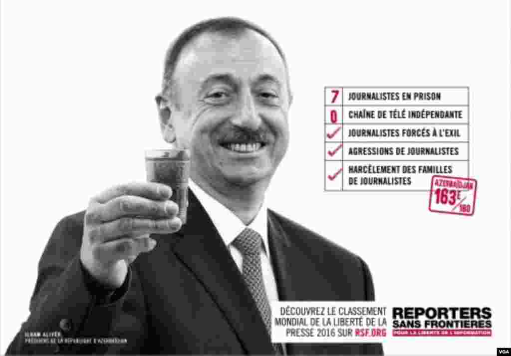 الهام علی&zwnj;اف، رئیس جمهوری آذربایجان، یکی دیگر از رهبران &quot;دشمن آزادی مطبوعات&quot; است. در کشور او، ۷روزنامه نگار زندانی هستند. آذربایجان در رتبه بندی گزارشگران بدون مرز، رتبه ۱۶۳ را دارد.