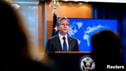 U.S. Secretary of State Antony Blinken speaks in the briefing room of the State Department in Washington, Jan. 7, 2022. (Andrew Harnik/Pool via Reuters)