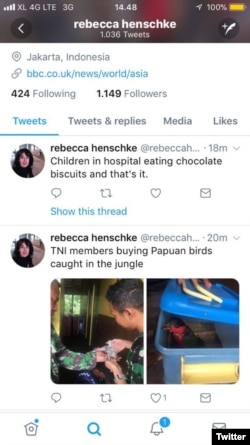 Cuitan Rebecca Alice Henschke, wartawan BBC di akun Twitter pribadinya.