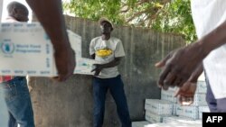 FILE - Men form a chain gang to distribute boxes of food aid, on March 14 2019, in the Mutoko rural area of Zimbabwe to help fight drought-induced hunger.