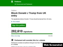 A screenshot of an online petition seeking to ban Republican presidential candidate Donald Trump from entering the United Kingdom.