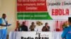 Le Ministre de la Santé Oly Ilunga, au centre, et le Jean-Jacques Muyembe, chercheur congolais et pionnier de la lutte contre Ebola participent à une émission publique de la Radio Okapi à Beni, Nord-Kivu, 6 septembre 2018. (Twitter/Ministère de la Santé d