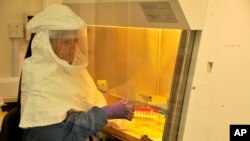 A medical worker from the U.S. Centers for Disease Control and Prevention, and researchers who are working on the Ebola outbreak in Uganda, at their laboratory in Entebbe, 42 kilometers from the capital Kampala, Aug. 2, 2012.