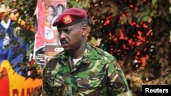 FILE - Muhoozi Kainerugaba, a son of Uganda's President Yoweri Museveni, is pictured in Kampala July 12, 2010. Kainerugaba was officially decorated following his promotion to major general Wednesday in Kampala. 