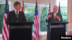 Secretary of State Rex Tillerson talks with New Zealand Prime Minister Bill English during a media conference at Premier House in Wellington, New Zealand, June 6, 2017.