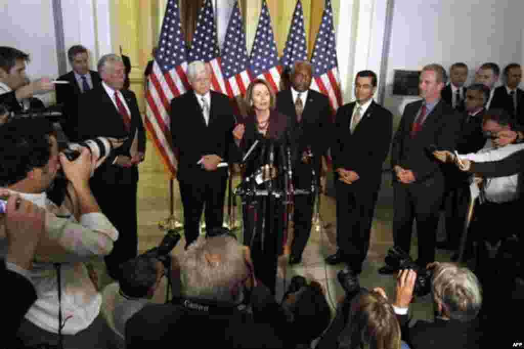 From left, House Majority Leader Steny Hoyer of Md., Rep. John Larsen, D-Conn., House Speaker Nancy Pelosi of Calif., House Majority James Clyburn of S.C., Rep. Xavier Becerra, D-Calif., and Chris Van Hollen, D-Md., take part in news conference on Capitol