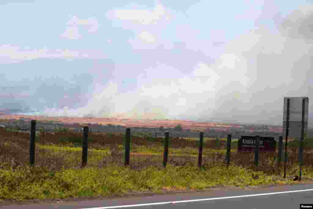 Wildfires seen near Kihei as high winds in Maui are causing multiple fires across the island, in Kahului, Hawaii, Aug. 9, 2023.&nbsp;