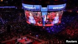 Republican presidential nominee and former U.S. President Donald Trump speaks on stage during a rally at Madison Square Garden, in New York, Oct. 27, 2024. 