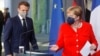 Thủ tướng Đức Angela Merkel (phải) và Tổng thống Pháp Emmanuel Macron. Pháp và Đức mong muốn có thể hợp tác với Nga về chống biến đổi khí hậu và tìm cách ổn định quan hệ.