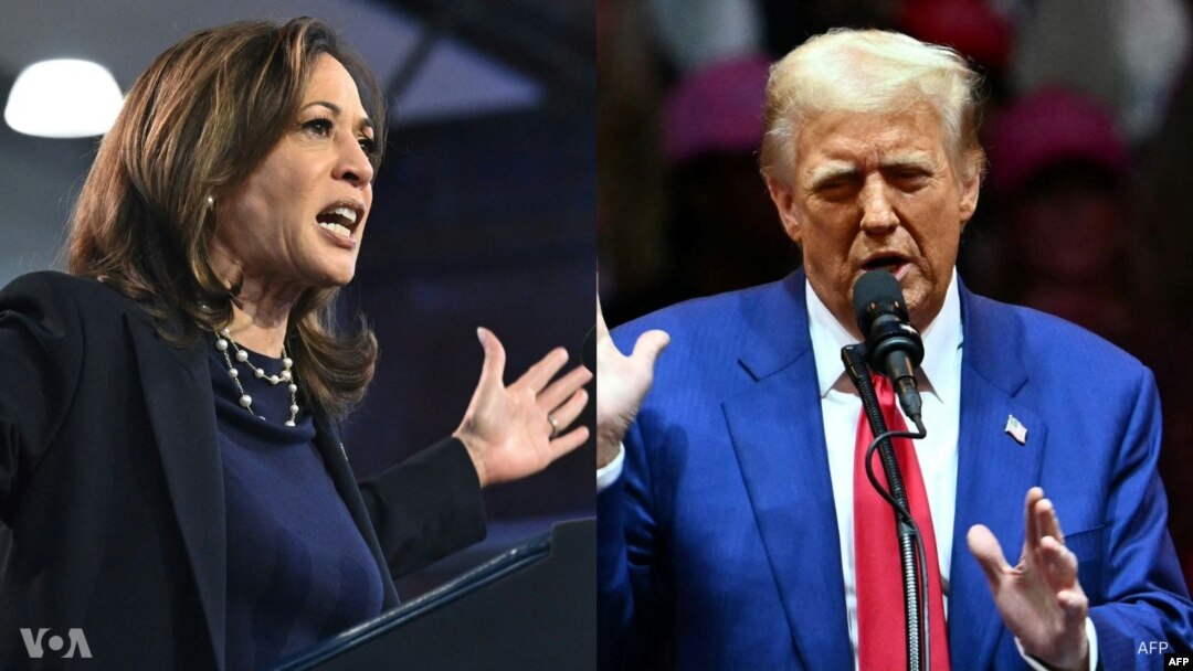 ပန်ဆယ်ဗေးနီးယားပြည်နယ် Philadelphia မြို့တော်မှာ မဲဆွယ်စည်းရုံးနေတဲ့ ဒီမိုကရက်သမ္မတလောင်း Kamala Harris နဲ့ နယူးယောက်ပြည်နယ် နယူးယောက်မြို့မှာ မဲဆွယ်စည်းရုံးနေတဲ့ ရီပါဘလစ်ကန် သမ္မတလောင်း Donald Trump (အောက်တိုဘာ ၂၇၊ ၂၀၂၄)