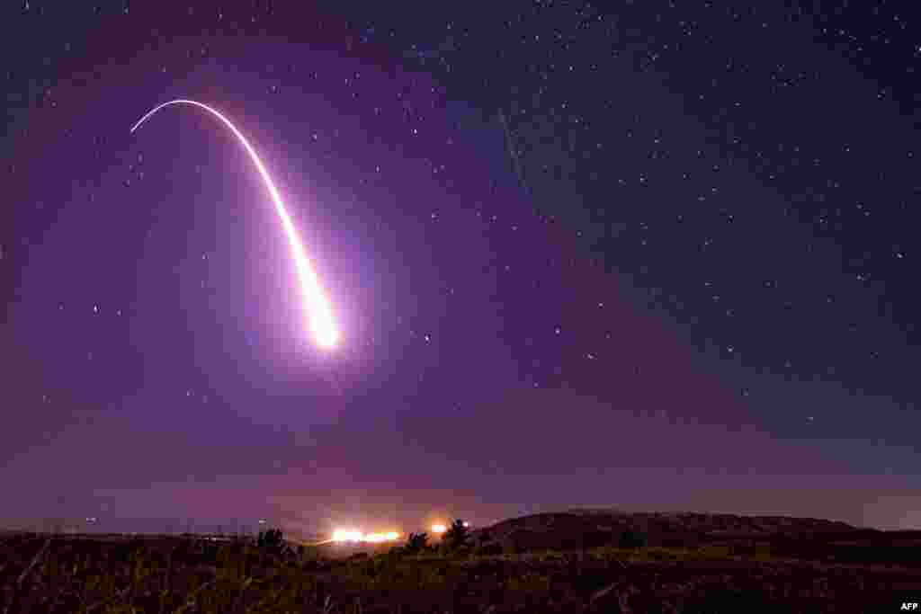 This image released by the U.S. Air Force shows an unarmed Minuteman III intercontinental ballistic missile launching during an operational test at 1:13 a.m. Pacific Time, at Vandenberg Air Force Base, California.