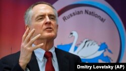 In a March 22, 2015 file photo, U.S. writer Jared Taylor, author of the book "White Identity" speaks during the International Russian Conservative Forum in St. Petersburg, Russia.