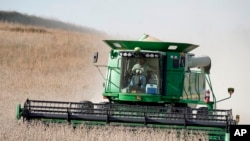 FILE - A combine harvests soybeans in rural Blair, Neb., Oct. 17, 2019. 