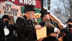 Groundhog Club handler A.J. Dereume holds Punxsutawney Phil, the weather prognosticating groundhog, as Vice President Tom Dunkel reads the scroll during the 135th celebration of Groundhog Day on Gobbler's Knob in Punxsutawney, Pa. Tuesday, Feb. 2, 2021. (