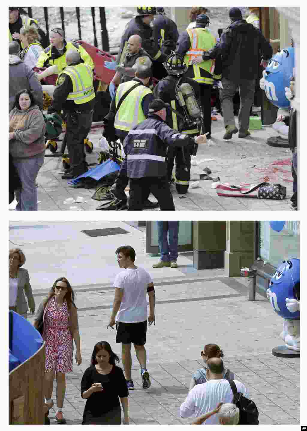 These photos were taken April 15, 2013 and April 14, 2014. The photo from 2013 shows medical workers aiding injured people along Boylston Street after the first of two bombs exploded near the finish line of the 2013 Boston Marathon.