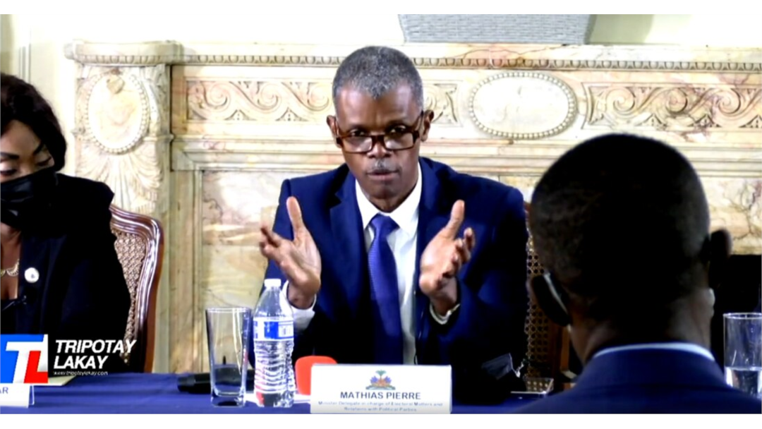 Minister-delegate in charge of Haitian Elections, Mathias Pierre briefs diaspora on the effort to replace the 1987 constitution with a new constitution during a virtual town hall meeting, hosted by the Haitian Embassy in Washington, April 13, 2021.