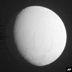 FILE - The Cassini spacecraft captured this of Saturn's moon Enceladus, in a flyby Oct. 28, 2015. The U.S.-European spacecraft skimmed within 30 miles of the south pole. (NASA/JPL-Caltech/Space Science Institute via AP)