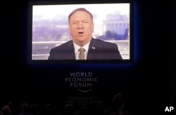 United States Secretary of State Mike Pompeo speaks through live video conference at the annual meeting of the World Economic Forum in Davos, Switzerland, Jan. 22, 2019.
