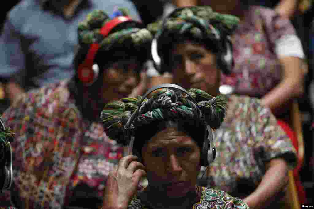 Indigenous women from the Ixil region attend the genocide trial of former Guatemalan dictator Efrain Rios Montt, which is drawing to a conclusion, at the Supreme Court of Justice in Guatemala City.