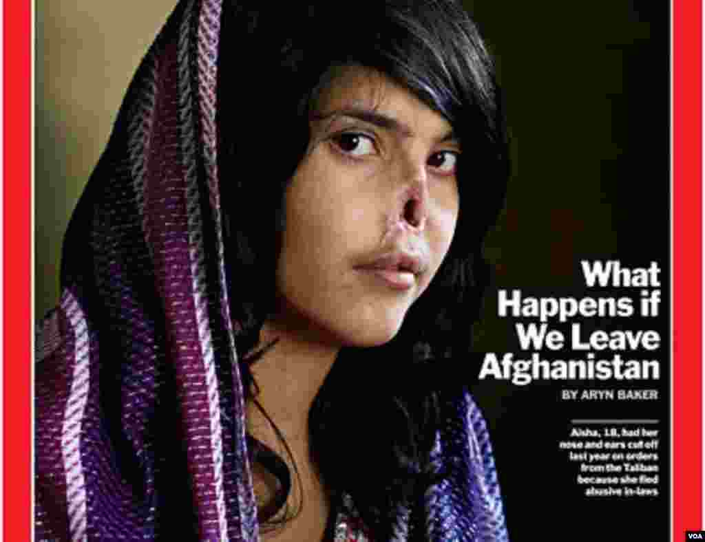 Osamnaestogodišnjakinja, identifikovana kao Bibi Aisha (Miss Aisha), našla se na naslovnici magazina Time nakon što je u Afghanistanu suprug, da bi je kaznio, odrezao nos i uši. Fotografija objavljena je 9. avgusta kad je Aisha stigla u Kaliforniju gdje