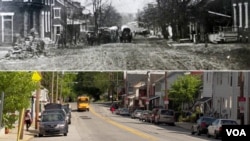 York Springs in the mid-19th century, at top, and the town of 800 residents today. (M. Kornely/VOA)