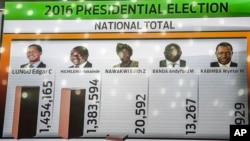 A tally board shows updated results of the presidential elections at the electoral results center in Lusaka, Zambia, Aug. 15, 2016.