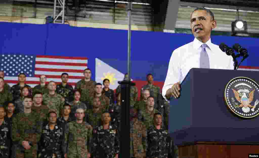 President Barack Obama speaks to military troops at Fort Bonifacio, saying a new military pact signed with the Philippines on Monday, April 27 granting a larger presence for U.S. forces would bolster the region&#39;s maritime security,&nbsp;Manila, April 29, 2014.&nbsp; &nbsp;