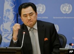 An Myong Hun, Deputy Permanent Representative for North Korea reacts to a question regarding the November hacking of Sony Pictures Entertainment during a news conference, Jan. 13, 2015, at the United Nations headquarters.