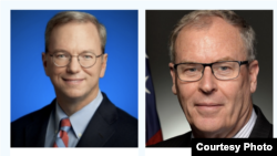 谷歌前首席执行官埃里克·施密特（Eric Schmidt ）（左）和美国前副国防部长沃克(Robert Work)是国家人工智能安全委员会的正副主席