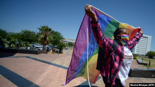 Des militants brandissent des drapeaux arc-en-ciel devant la Haute Cour du Botswana à Gaborone le 29 novembre 2021.