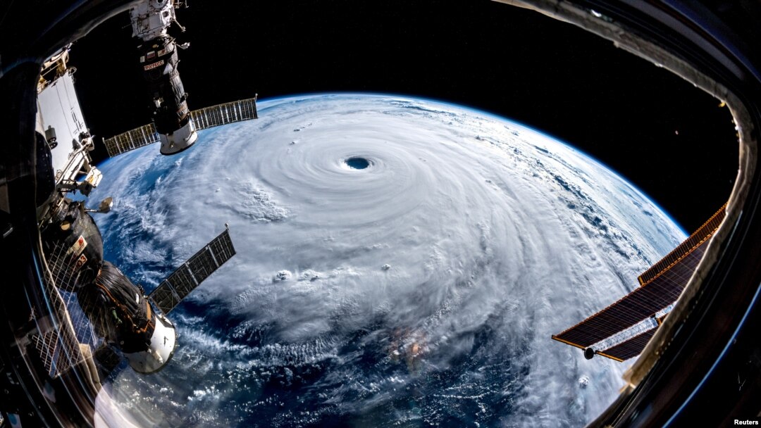 Super Typhoon Trami is seen from the International Space Station as it moves in the direction of Japan, Sept. 25, 2018, in this image obtained from social media on Sept. 26, 2018. (ESA/NASA-A.Gerst/via Reuters)
