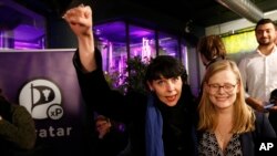 Birgitta Jonsdottir of the Pirate party (Pirater) reacts after the first results in Reykjavik, Iceland, Oct. 29, 2016. 