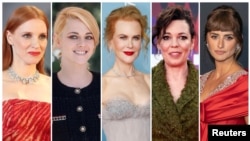 Best actress Oscar nominees for the 94th Academy Awards (L-R) Jessica Chastain, Kristen Stewart, Nicole Kidman, Olivia Colman and Penelope Cruz are shown in a combination of file photos. (REUTERS/Yara Nardi/Mario Anzuoni/Henry Nicholls/Jeenah Moon/Files)