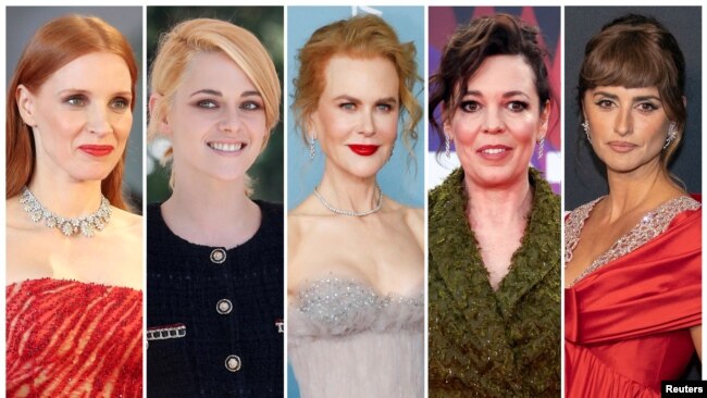 Best actress Oscar nominees for the 94th Academy Awards (L-R) Jessica Chastain, Kristen Stewart, Nicole Kidman, Olivia Colman and Penelope Cruz are shown in a combination of file photos. (REUTERS/Yara Nardi/Mario Anzuoni/Henry Nicholls/Jeenah Moon/Files)