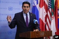 Israel's ambassador to the United Nations Danny Danon speaks during a news conference at the U.N.'s headquarters in New York, Sept. 25, 2024.