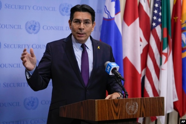 Israel's ambassador to the United Nations Danny Danon speaks during a news conference at the U.N.'s headquarters in New York, Sept. 25, 2024.