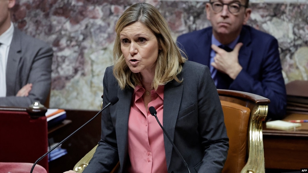 FILE - President of the French National Assembly Yael Braun-Pivet delivers a speech during the voting session at the National Assembly, the French Parliament's lower house, in Paris on Dec. 2, 2024.