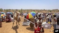 Watoto wamesimama kwenye eneo la usambazaji wa chakula katika mji wa Adi Mehameday, eneo la Tigray magharibi mwa Ethiopia, Jumamosi, Mei 28, 2022.(Claire Nevill/WFP AP).
