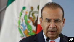 Mexico's Interior Secretary Alfonso Navarrete speaks during the groundbreaking ceremony for the new U.S. embassy, in Mexico City, Tuesday, Feb. 13, 2018.