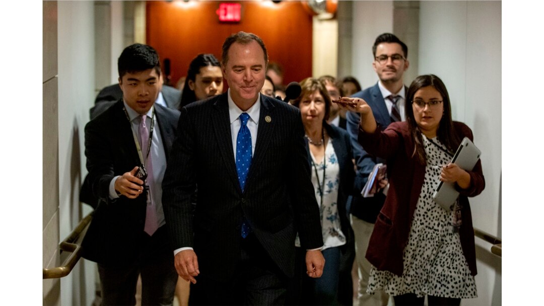 House Intelligence Committee Chairman Rep. Adam Schiff of Calif., leaves a secure area where Deputy Assistant Secretary of Defense Laura Cooper is testifying as part of the House impeachment inquiry into President Donald Trump, Oct. 23, 2019.