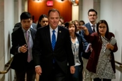 House Intelligence Committee Chairman Rep. Adam Schiff of Calif., leaves a secure area where Deputy Assistant Secretary of Defense Laura Cooper is testifying as part of the House impeachment inquiry into President Donald Trump, Oct. 23, 2019.